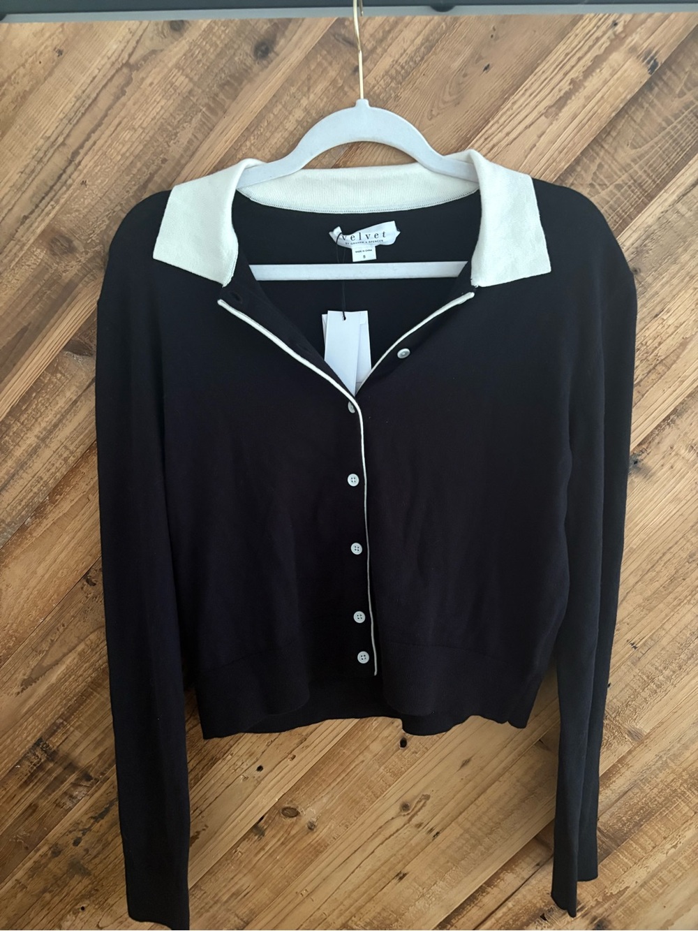 Velvet by Graham & Spencer Black Cardigan with White Trim Collar